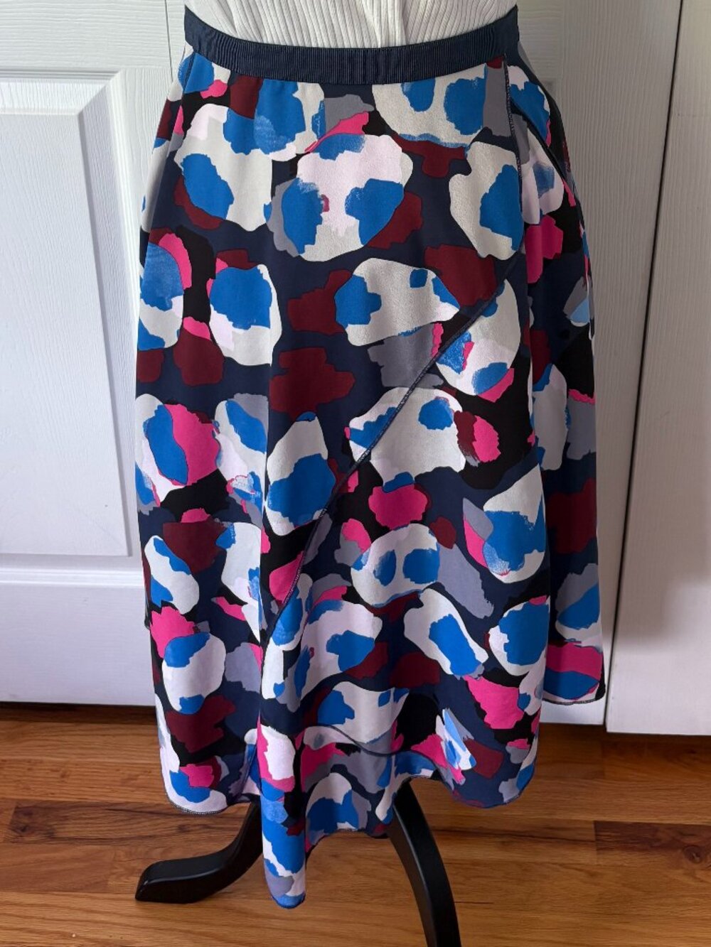 Banana Republic Patterned Midi Skirt Size 8 Navy Pink Blue Gray Zip Back